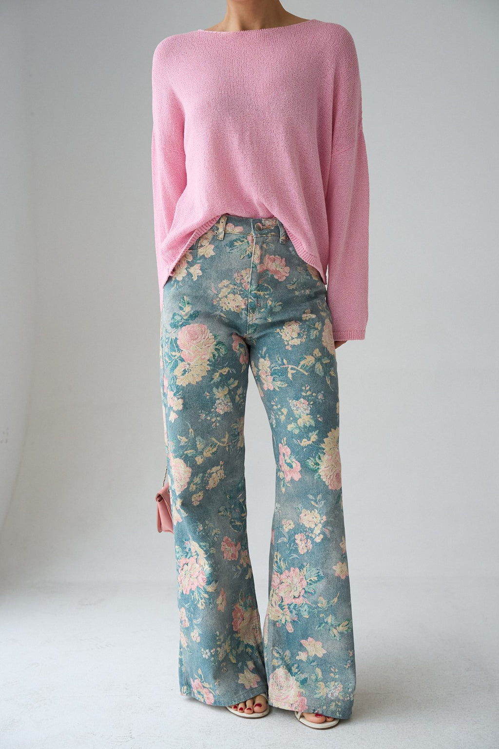 İthal Kumaş Etnik Desenli Yüksek Bel Wide Leg Jean Kot Pantolon