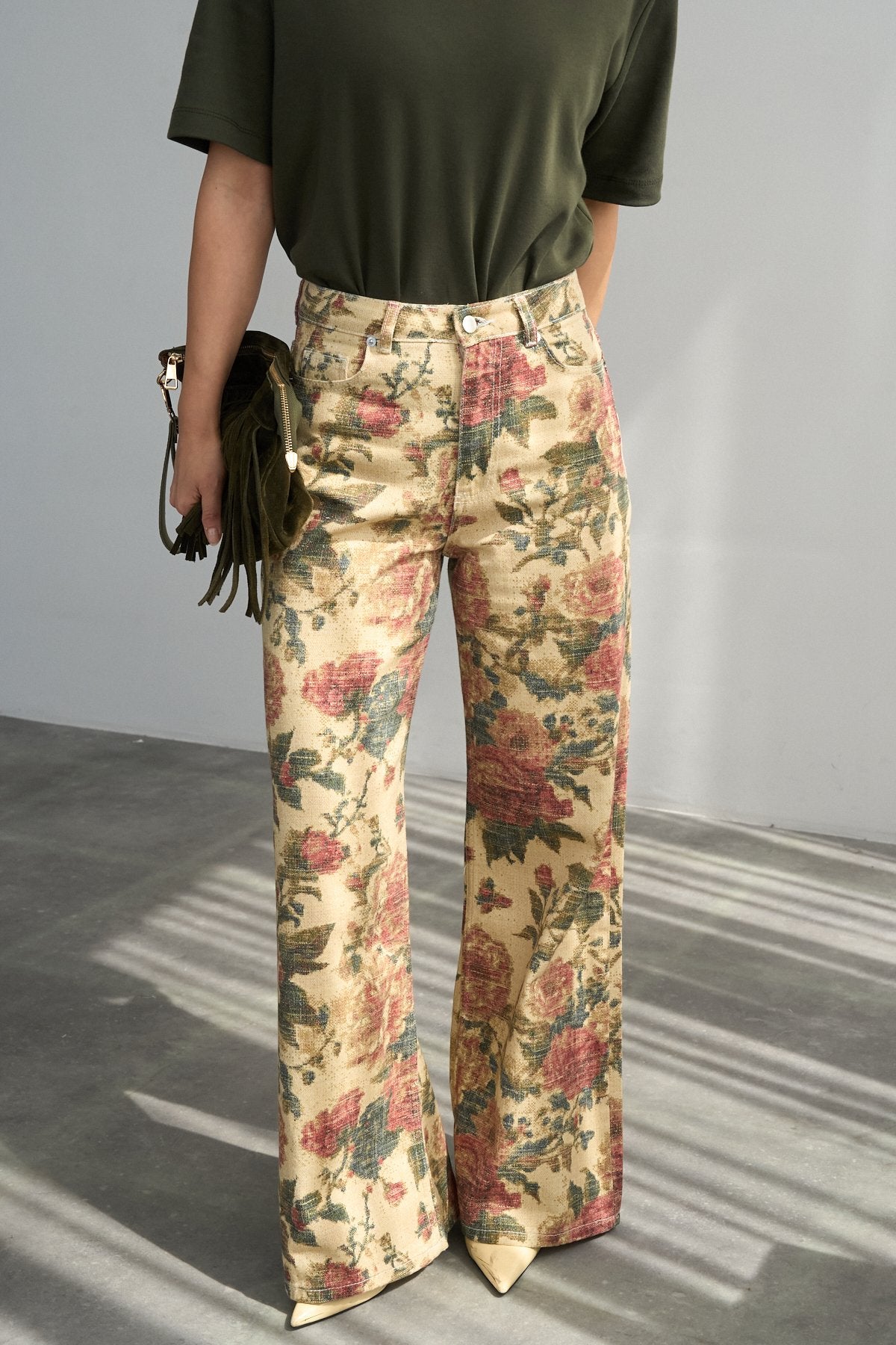 İthal Kumaş Etnik Desenli Yüksek Bel Wide Leg Jean Kot Pantolon