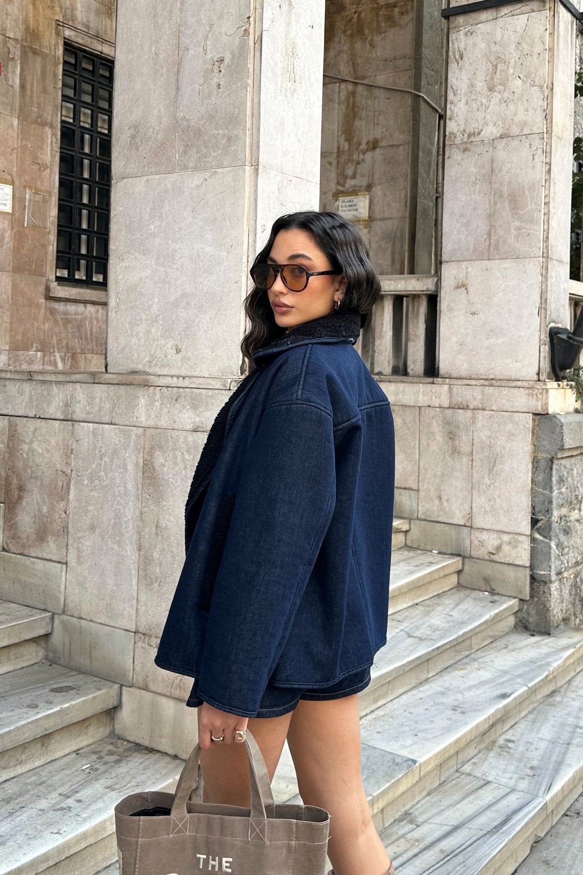 İçi Peluş Biyeli Cepli Düğmeli Premium Jean Kot Ceket