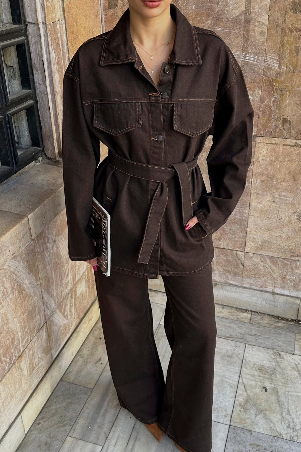 Cep Detaylı Kuşaklı Lacivert Denim Premium Ceket Pantolon Kot Jean Takım