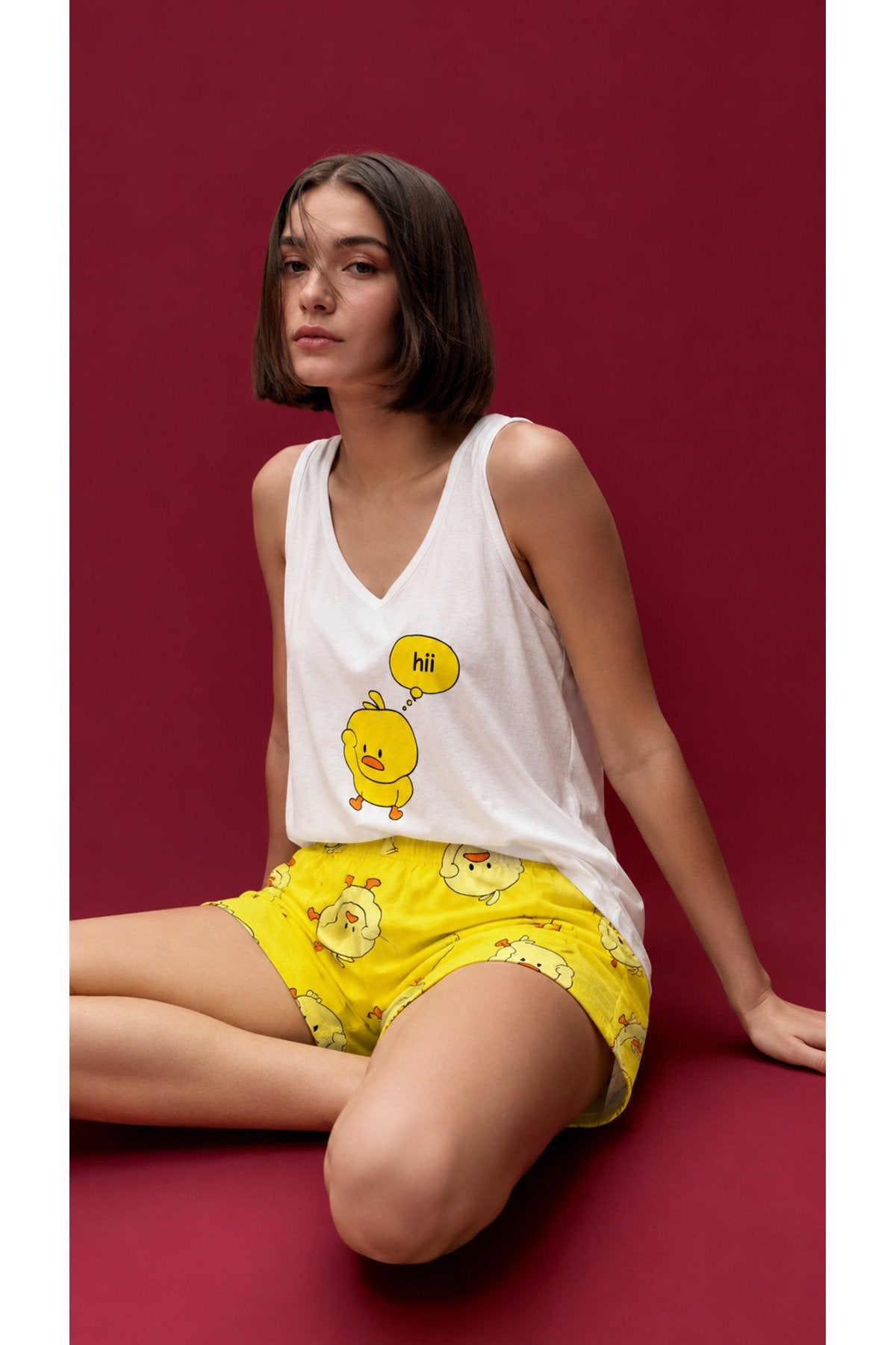Renki Baskılı Tiril Viskon Kumaş Ev İçi Pijama Takımı