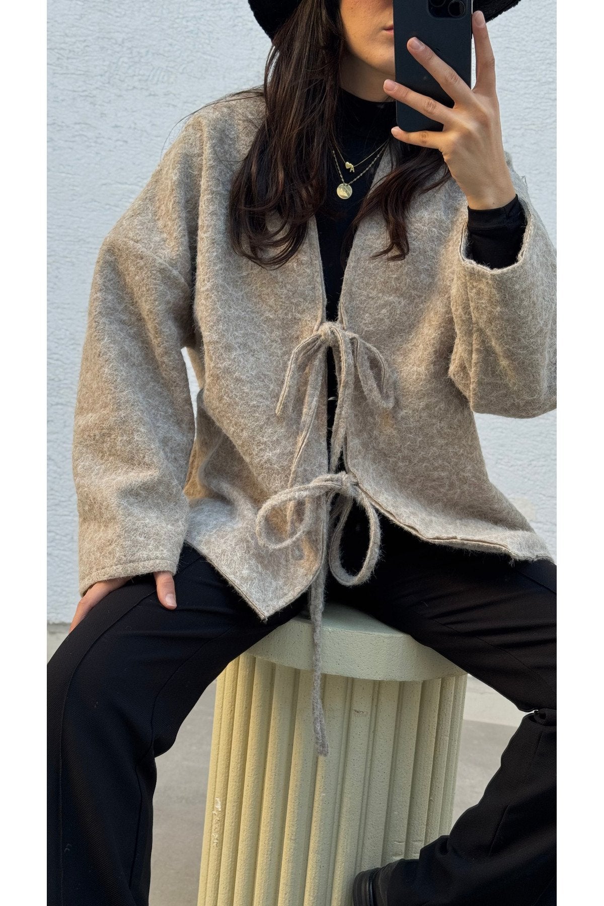 Kırçıllı Buklet Kumaş Saçaklı Astarlı Önden Bağlamalı Premium Kaşe Kimono Kaban Ceket