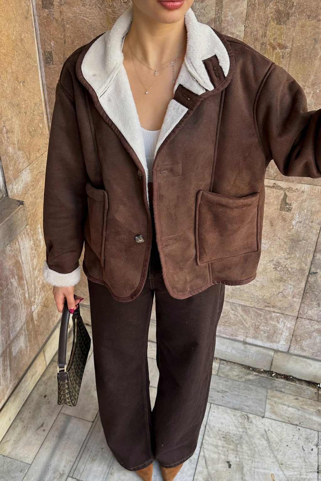 Cepli Düğmeli İçi Kürklü Süet Ceket