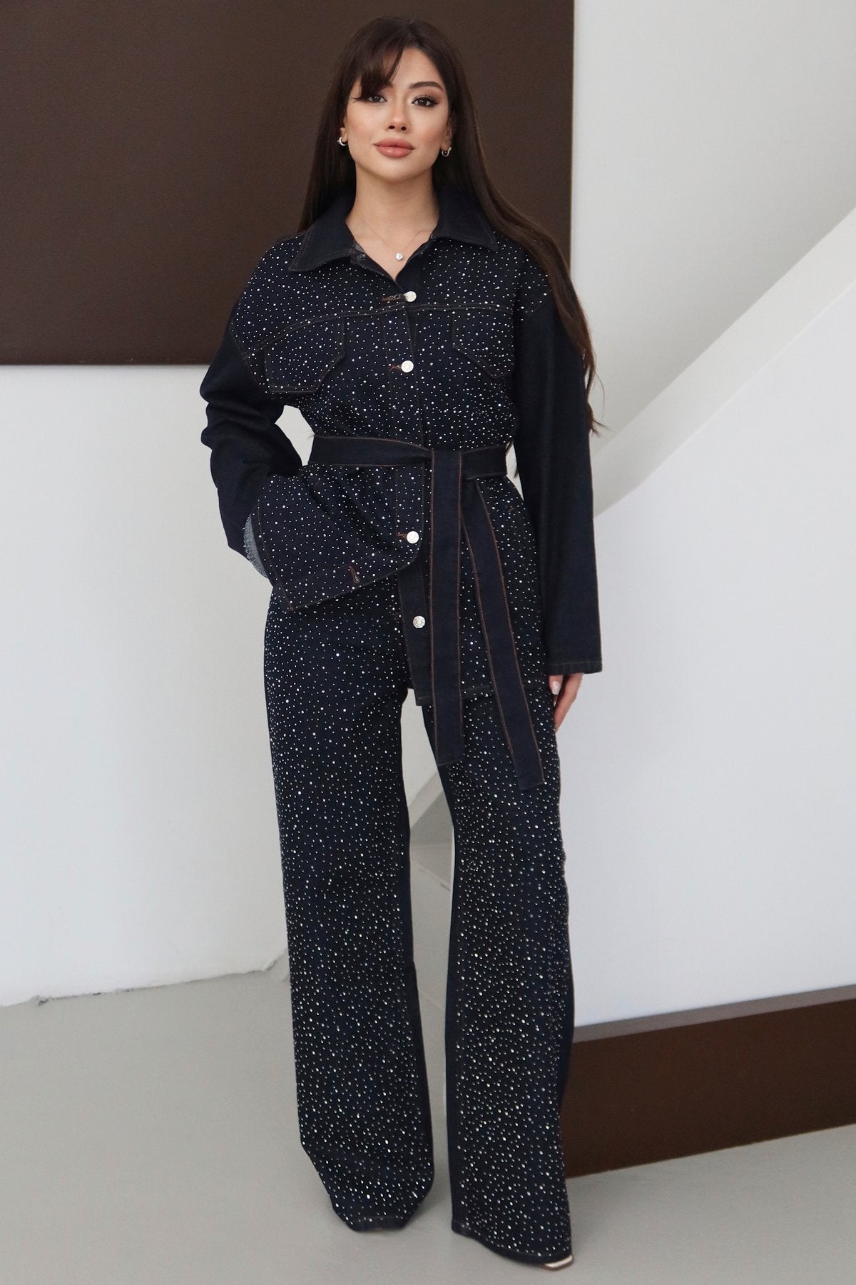 Premium Taşlı Collection Series Cep Detaylı Kuşaklı Denim Ceket Pantolon Kot Jean Takım Taşlı