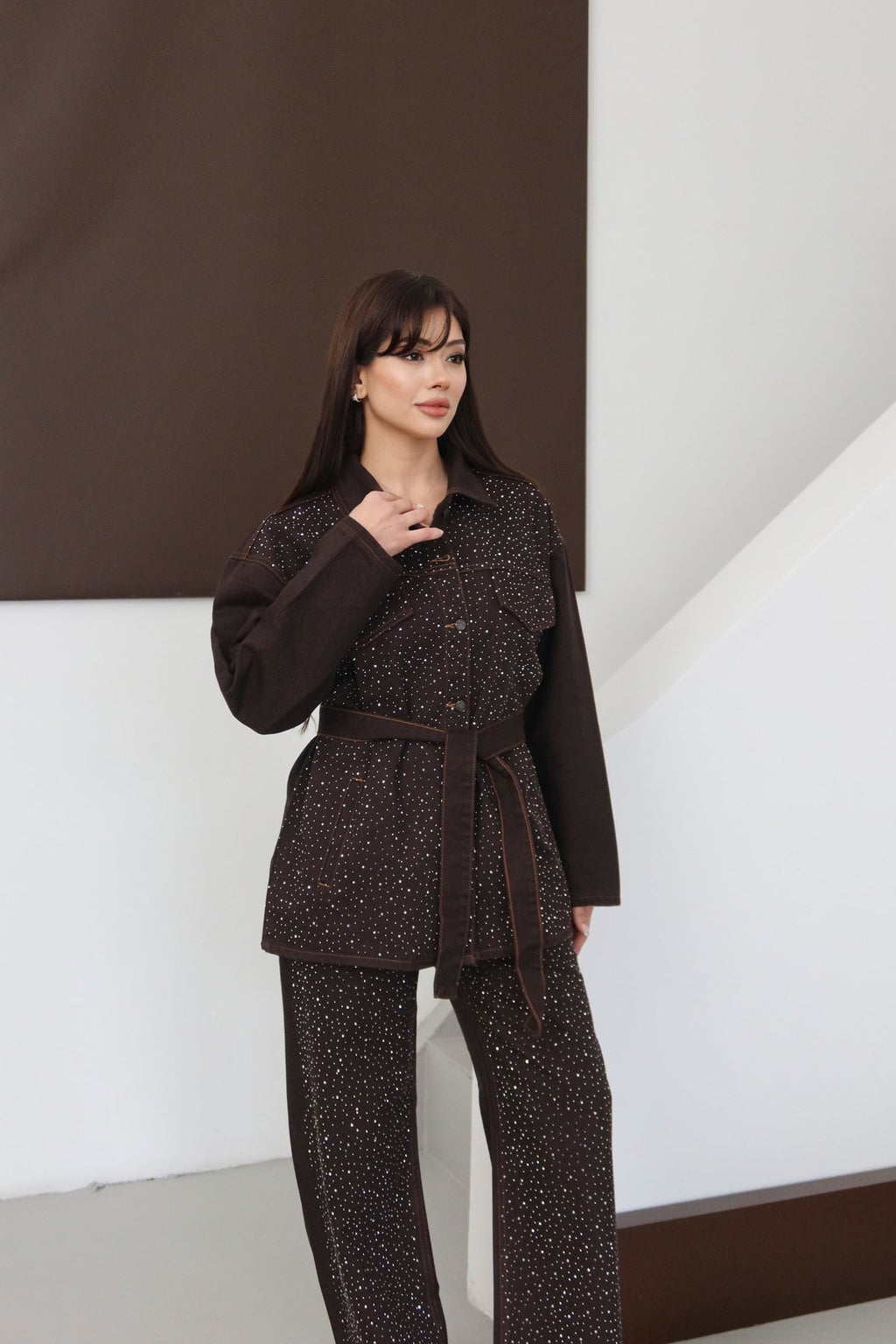Premium Taşlı Collection Series Cep Detaylı Kuşaklı Denim Ceket Pantolon Kot Jean Takım Taşlı