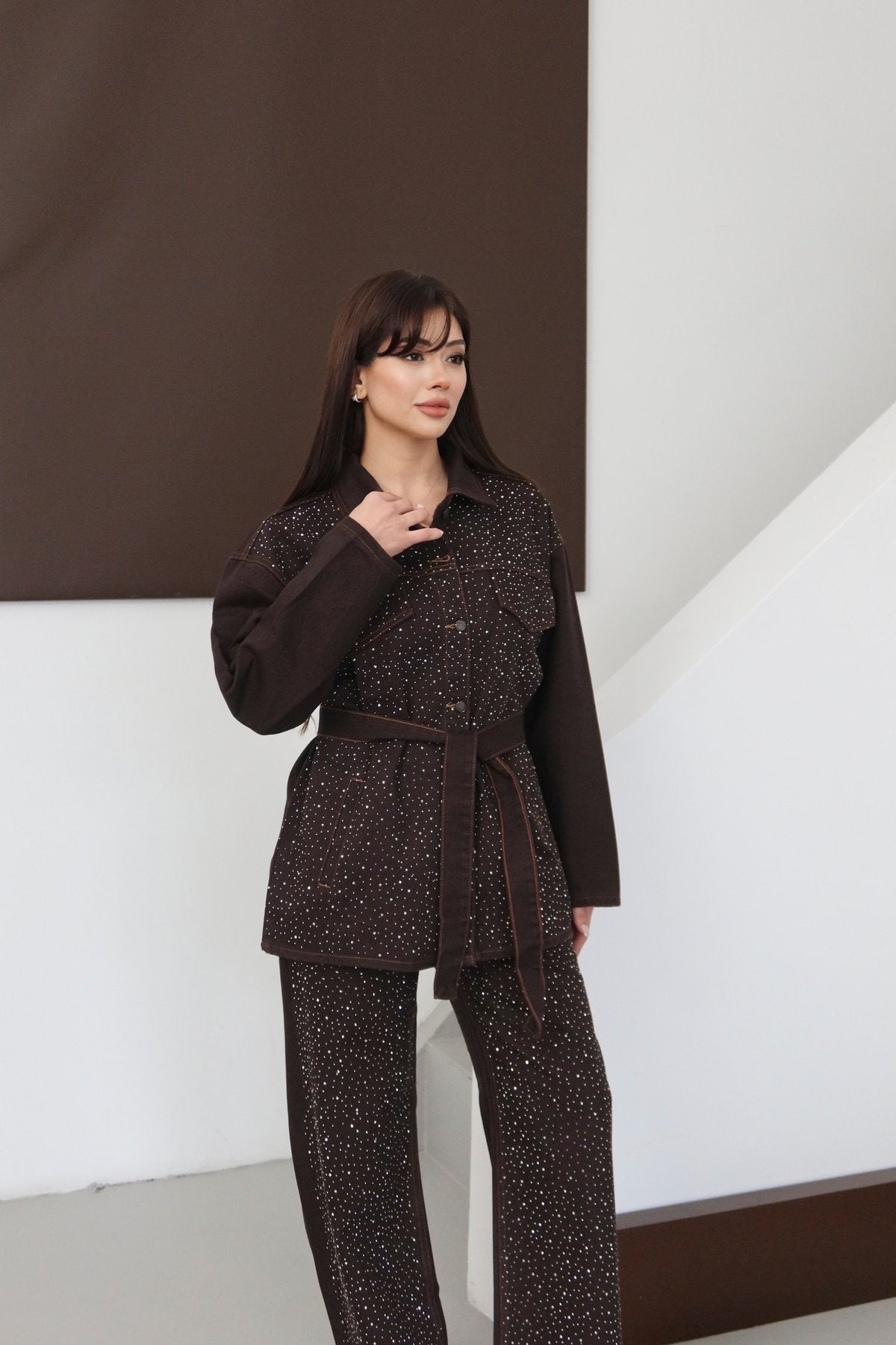 Premium Taşlı Collection Series Cep Detaylı Kuşaklı Denim Ceket Pantolon Kot Jean Takım Taşlı