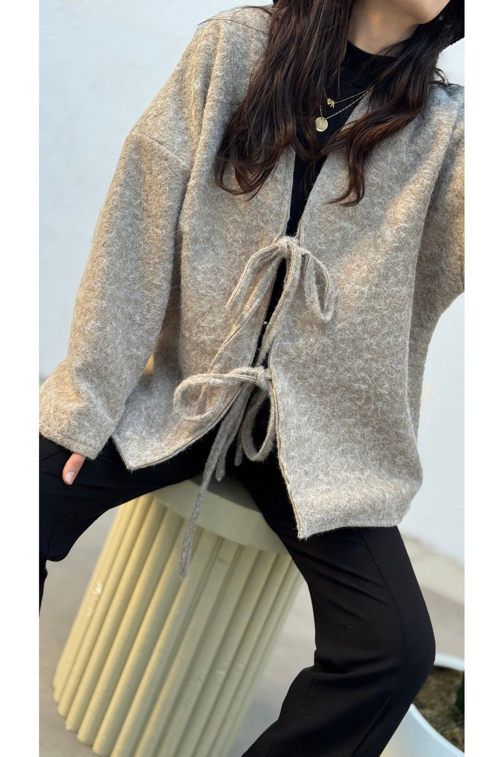 Kırçıllı Buklet Kumaş Saçaklı Astarlı Önden Bağlamalı Premium Kaşe Kimono Kaban Ceket