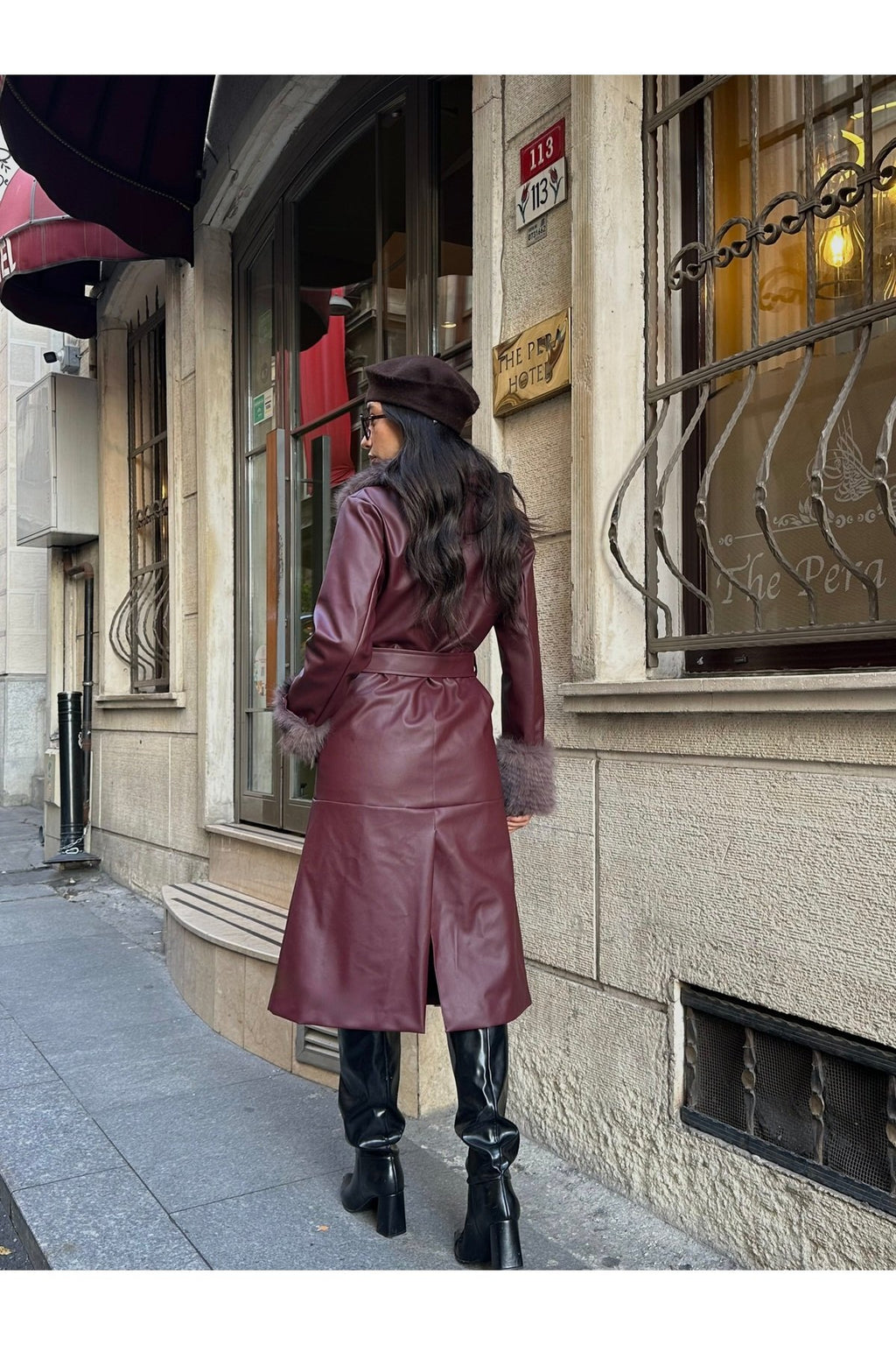 Premium Kürk Yaka Kürk Bilek Detay Cepli Astarlı Kemeri İthal Deri Kaban Mont