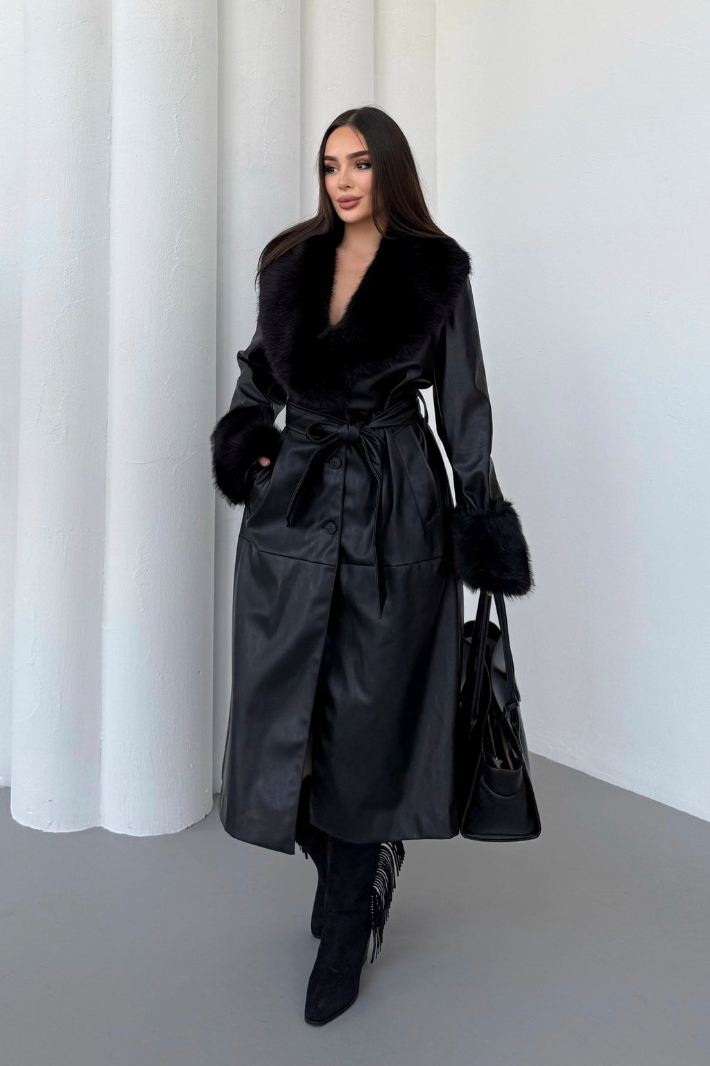 Premium Kürk Yaka Kürk Bilek Detay Cepli Astarlı Kemeri İthal Deri Kaban Mont