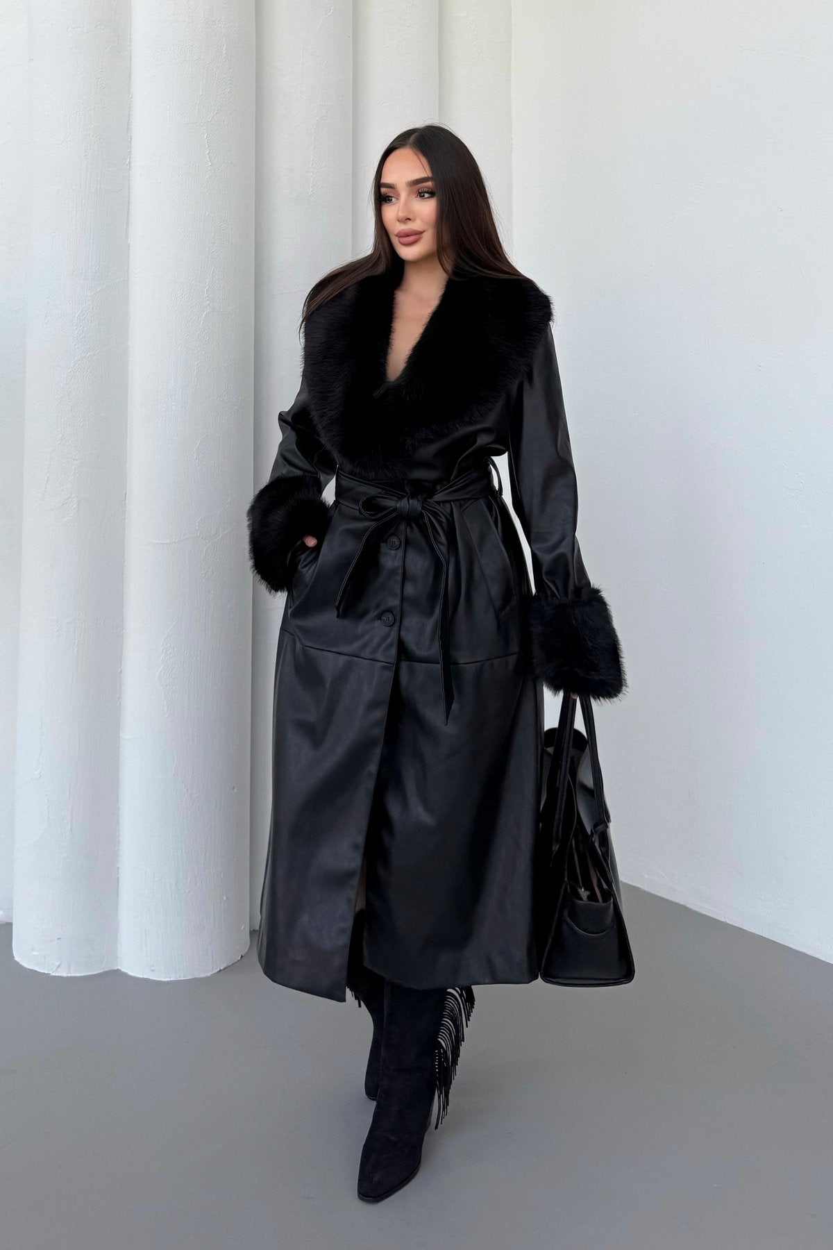 Premium Kürk Yaka Kürk Bilek Detay Cepli Astarlı Kemeri İthal Deri Kaban Mont