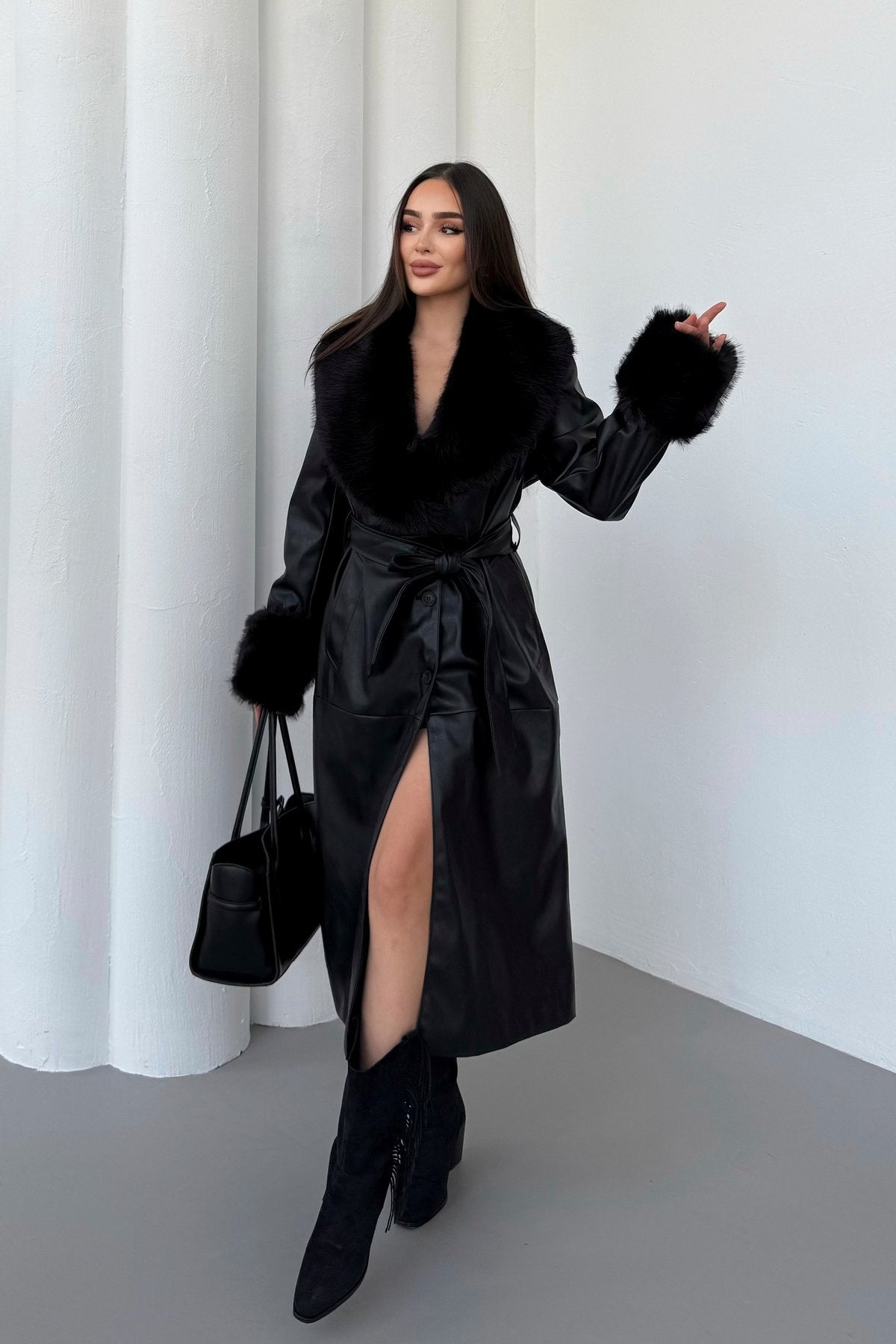 Premium Kürk Yaka Kürk Bilek Detay Cepli Astarlı Kemeri İthal Deri Kaban Mont