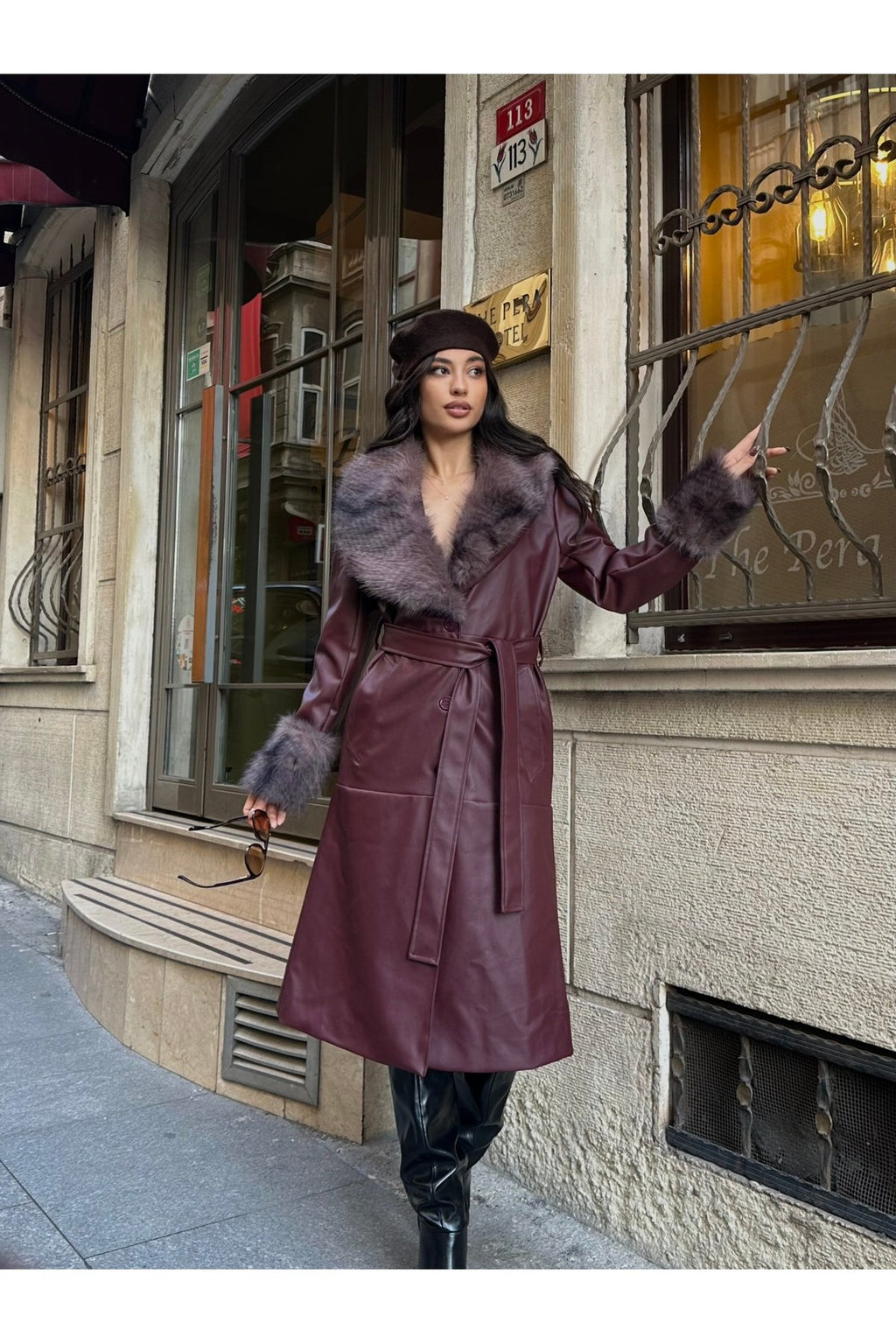 Premium Kürk Yaka Kürk Bilek Detay Cepli Astarlı Kemeri İthal Deri Kaban Mont