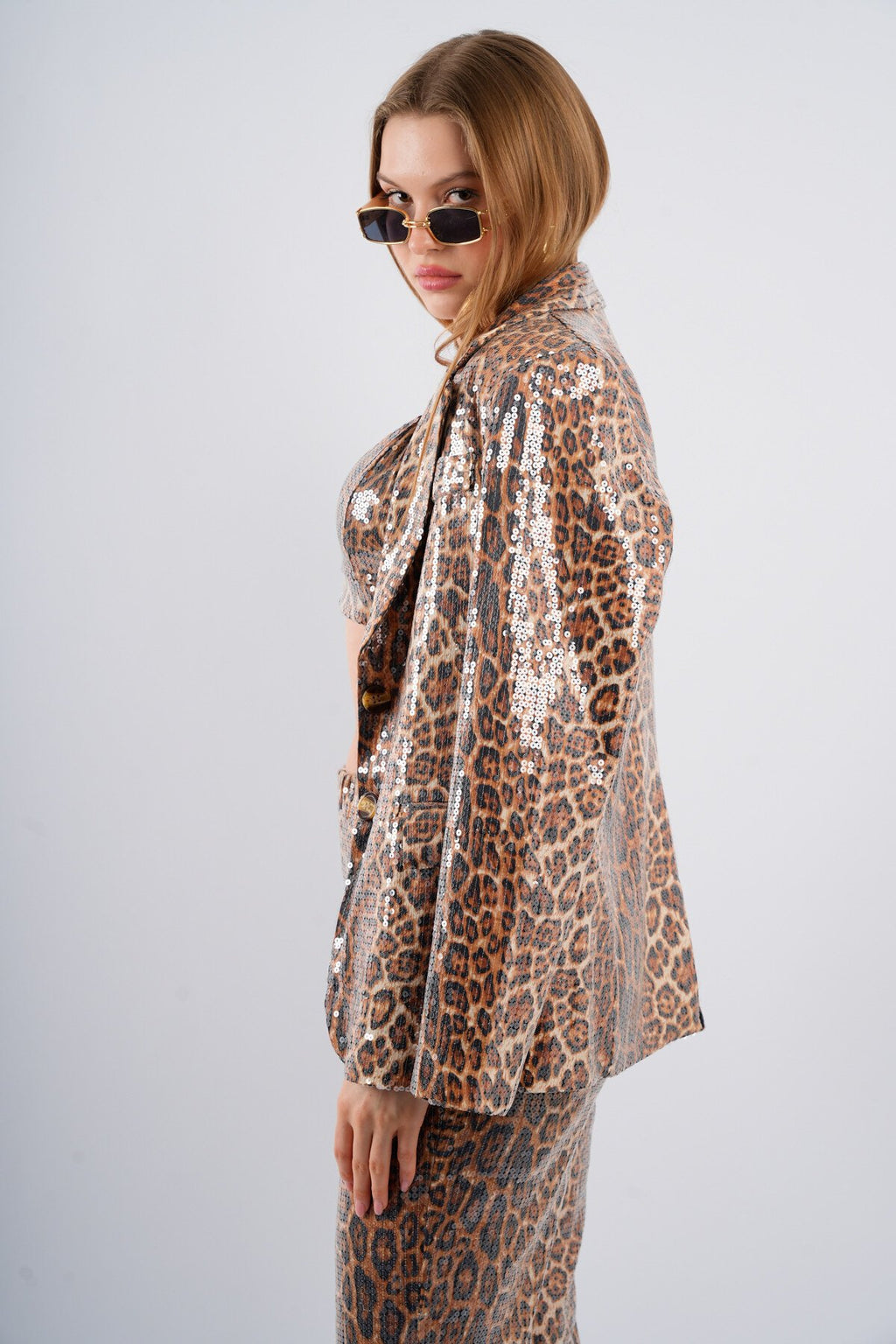 Leopar Payetli Cepli Kruvaze Ceket Büstiyer Pantolon Premium Takım
