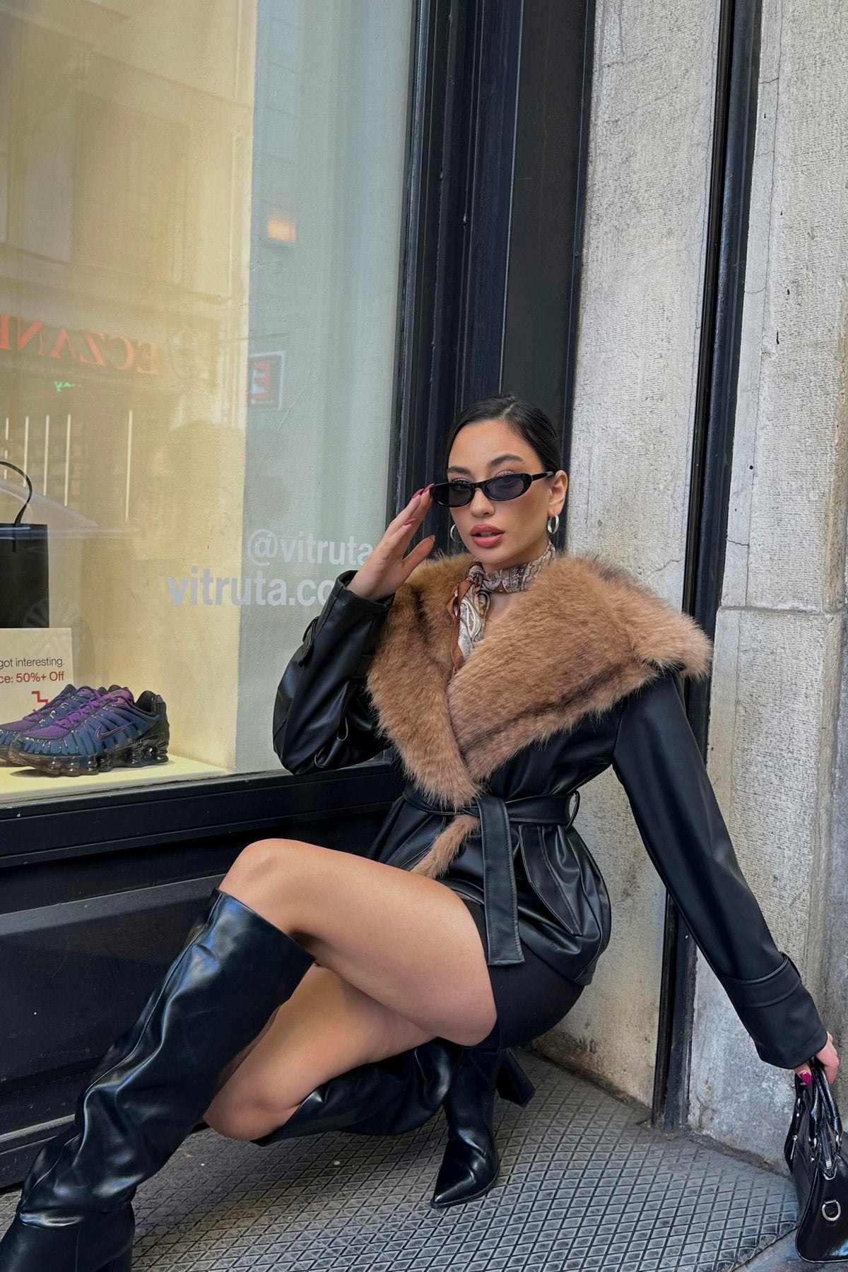 Premium Kürk Yaka Bağlamalı Deri Ceket Mont