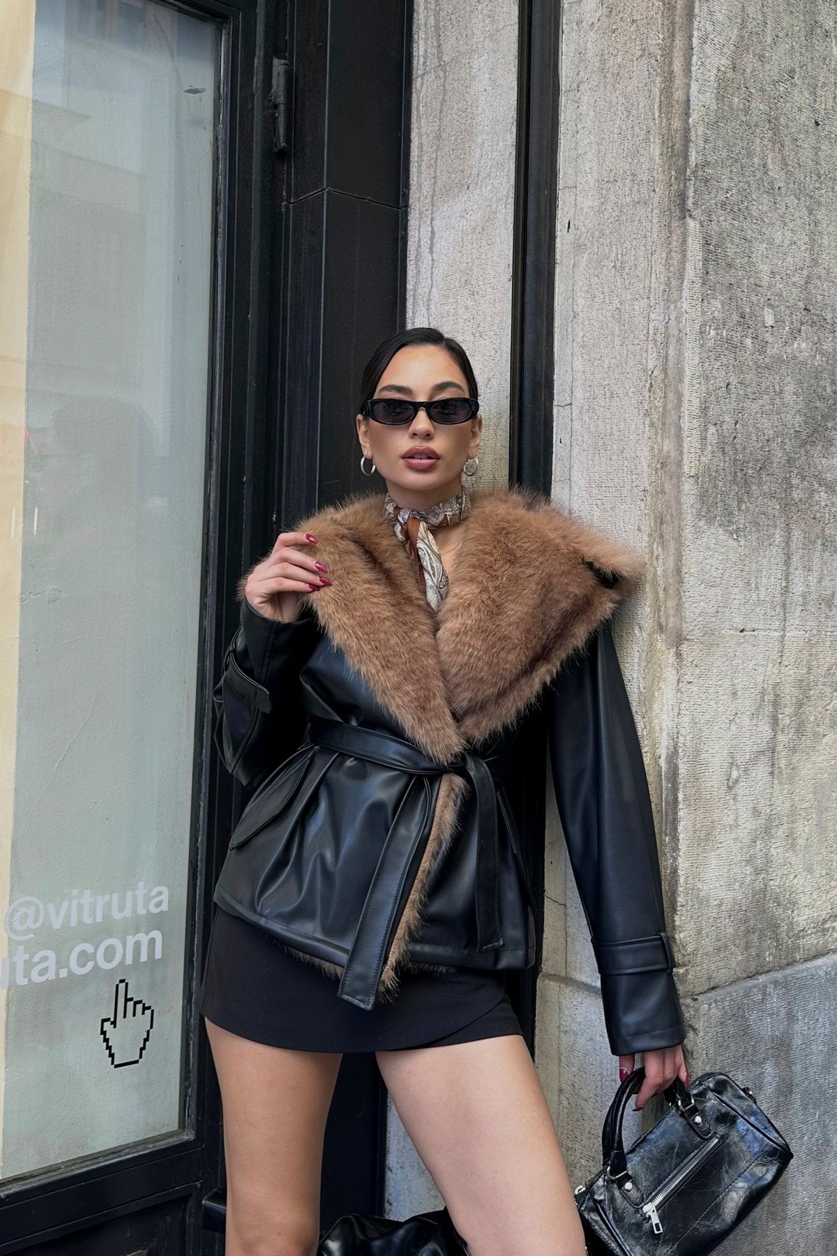 Premium Kürk Yaka Bağlamalı Deri Ceket Mont