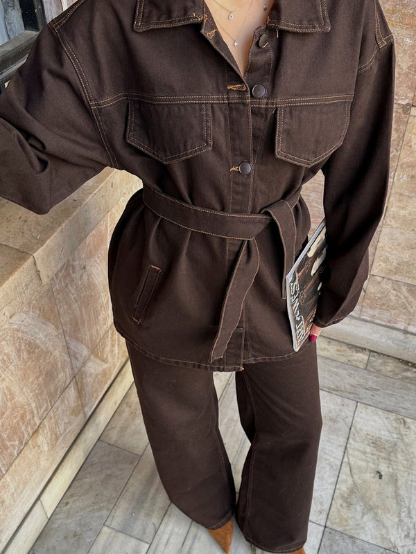 Cep Detaylı Kuşaklı Lacivert Denim Premium Ceket Pantolon Kot Jean Takım