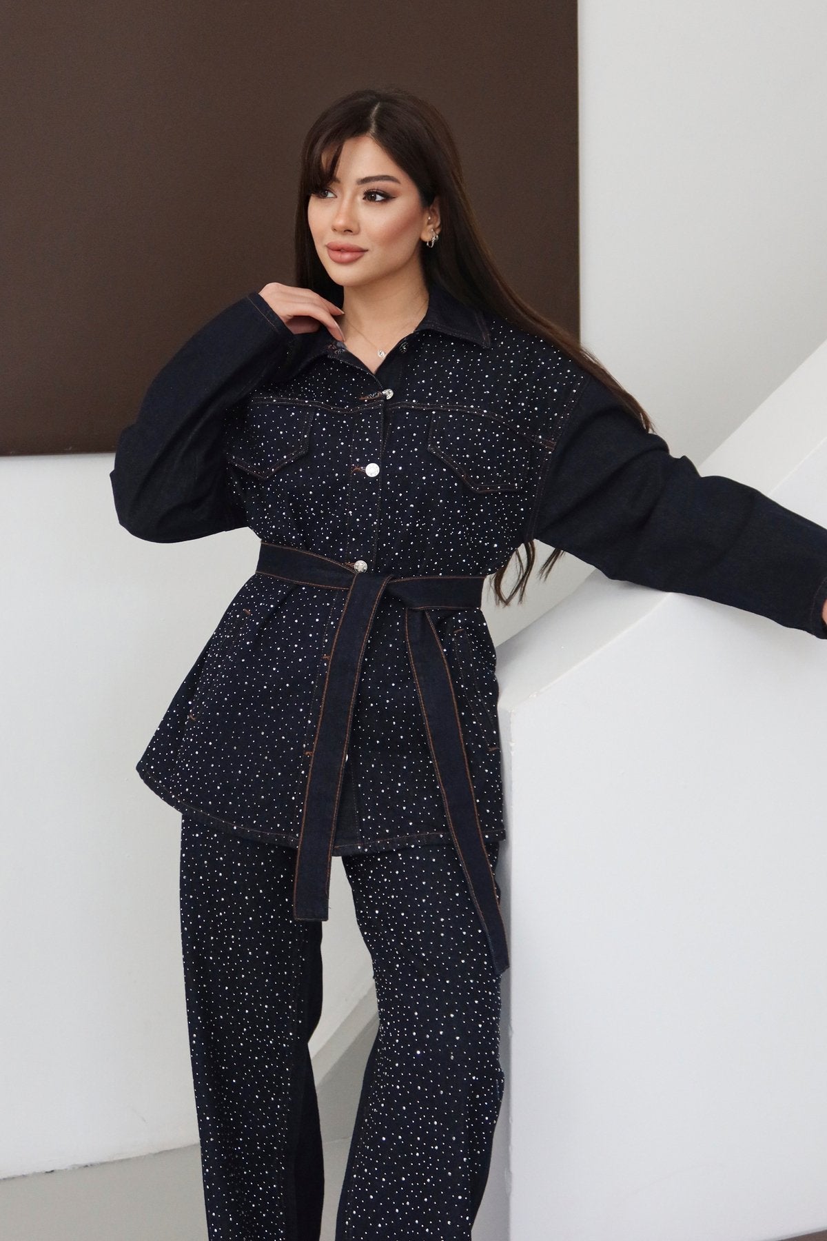 Premium Taşlı Collection Series Cep Detaylı Kuşaklı Denim Ceket Pantolon Kot Jean Takım Taşlı