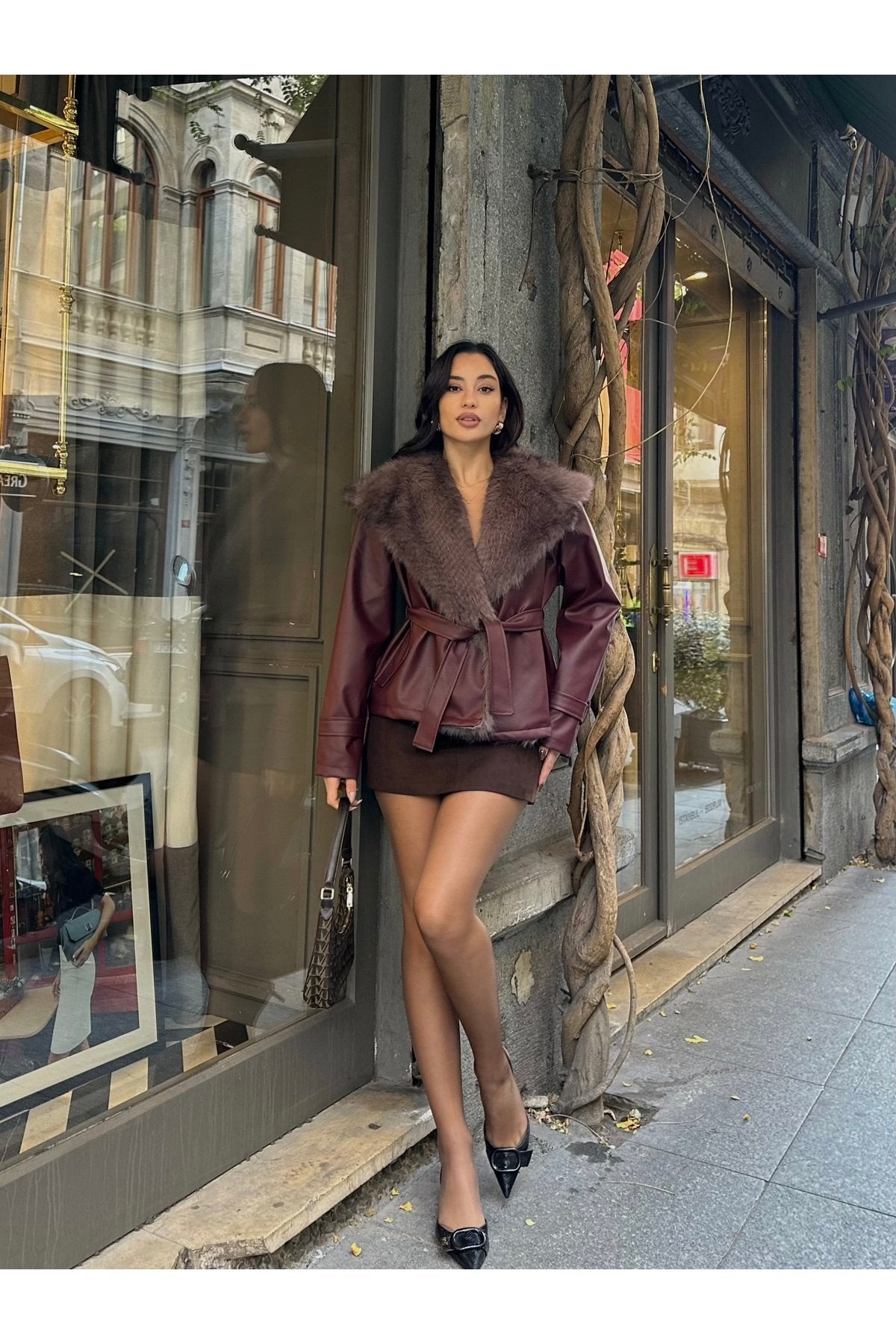 Premium Kürk Yaka Bağlamalı Deri Ceket Mont