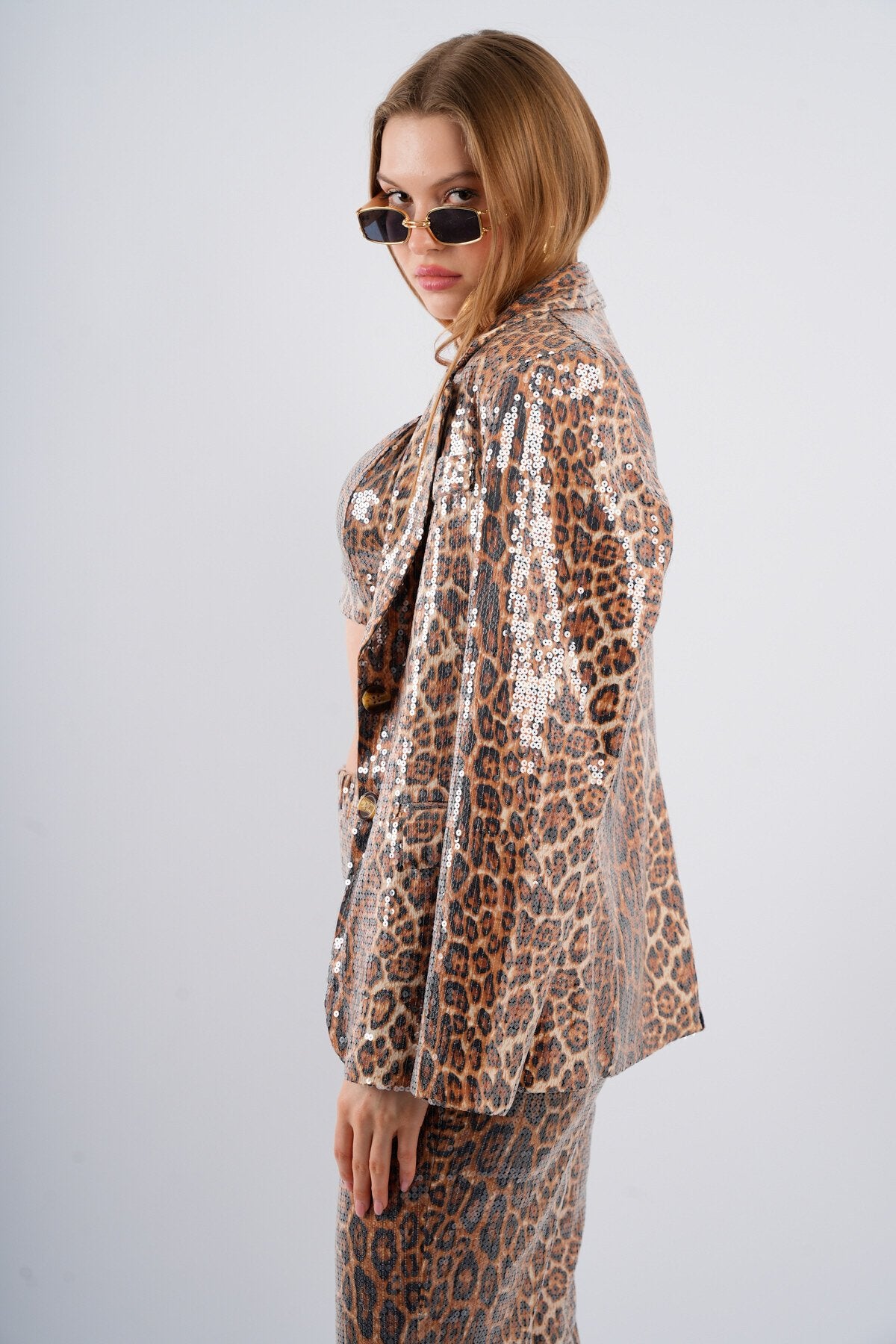 Leopar Payetli Cepli Kruvaze Ceket Büstiyer Pantolon Premium Takım