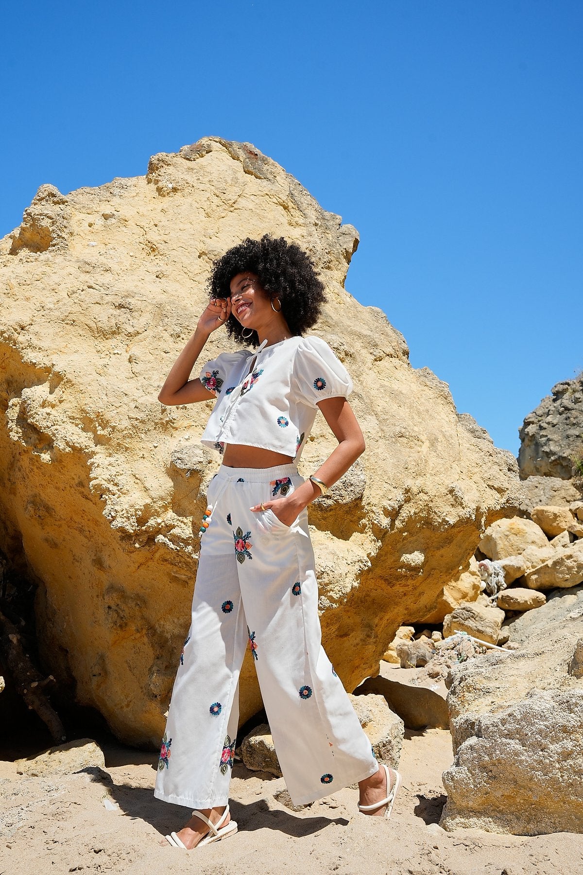 Nakışlı Önden Bağlamalı %100 Pamuk Bluz Pantolon Takım