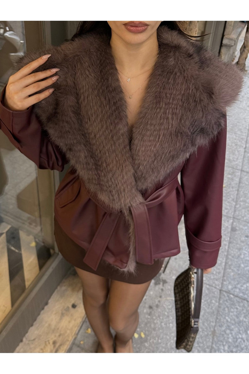 Premium Kürk Yaka Bağlamalı Deri Ceket Mont