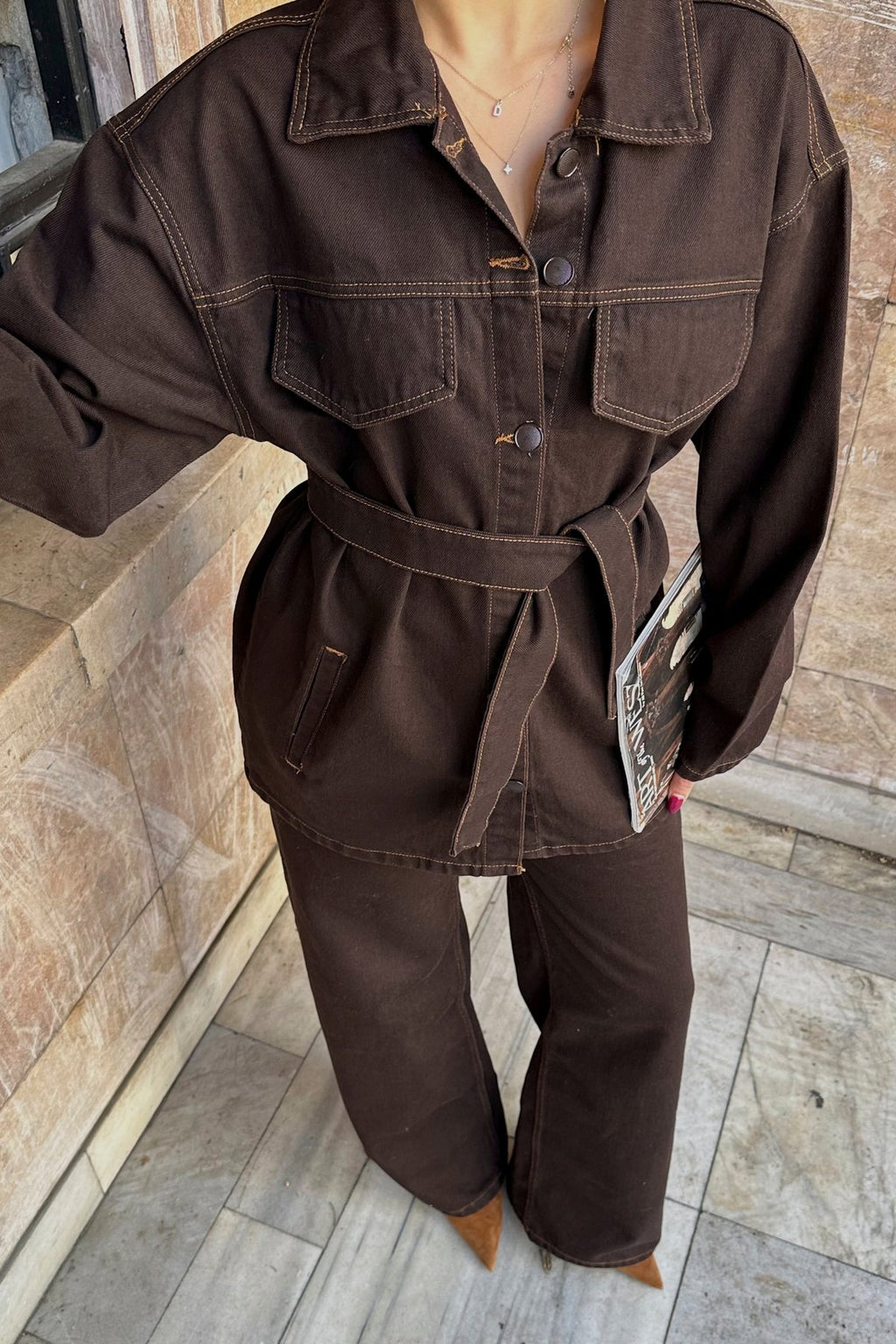 Cep Detaylı Kuşaklı Lacivert Denim Premium Ceket Pantolon Kot Jean Takım