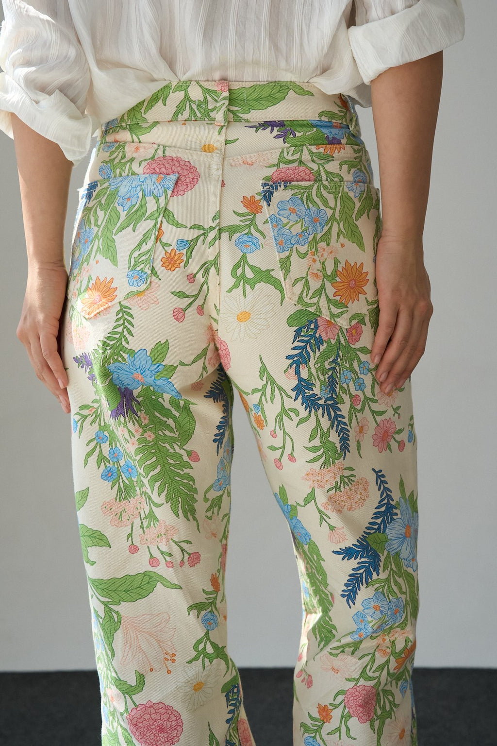 İthal Kumaş Etnik Desenli Yüksek Bel Wide Leg Jean Kot Pantolon
