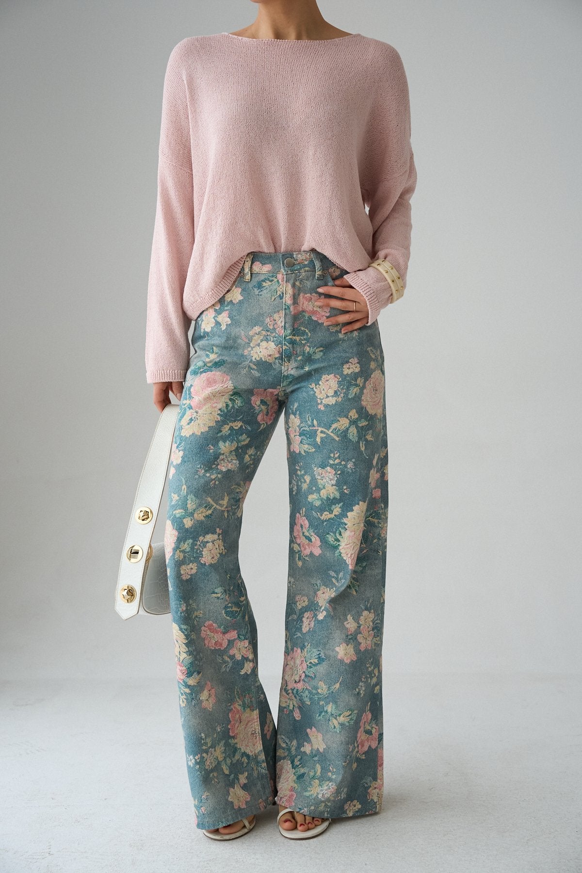 İthal Kumaş Etnik Desenli Yüksek Bel Wide Leg Jean Kot Pantolon