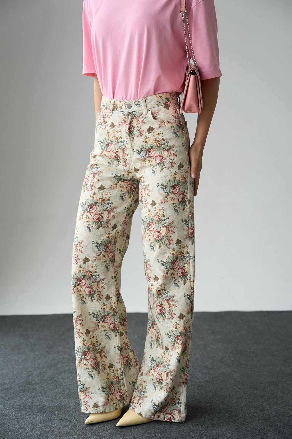 İthal Kumaş Etnik Desenli Yüksek Bel Wide Leg Jean Kot Pantolon