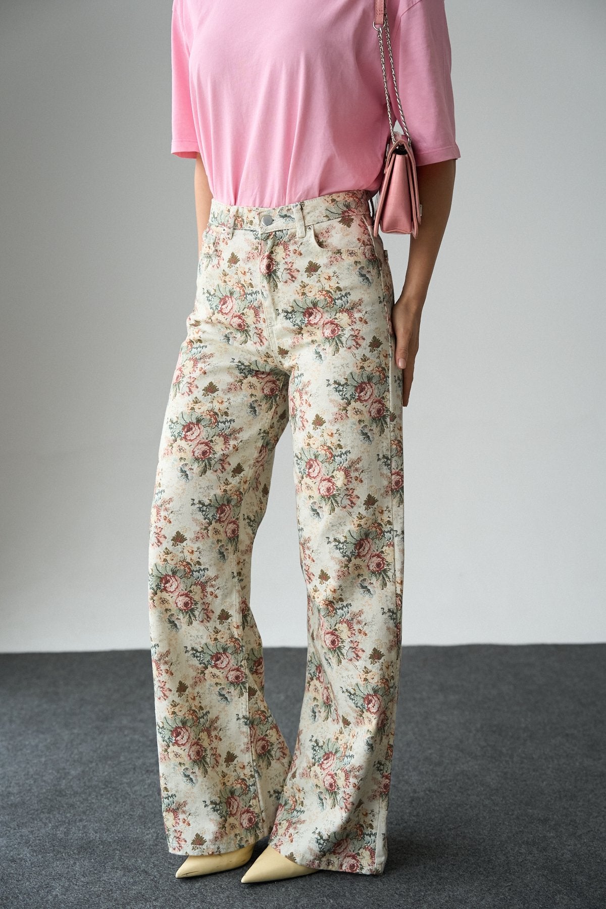 İthal Kumaş Etnik Desenli Yüksek Bel Wide Leg Jean Kot Pantolon
