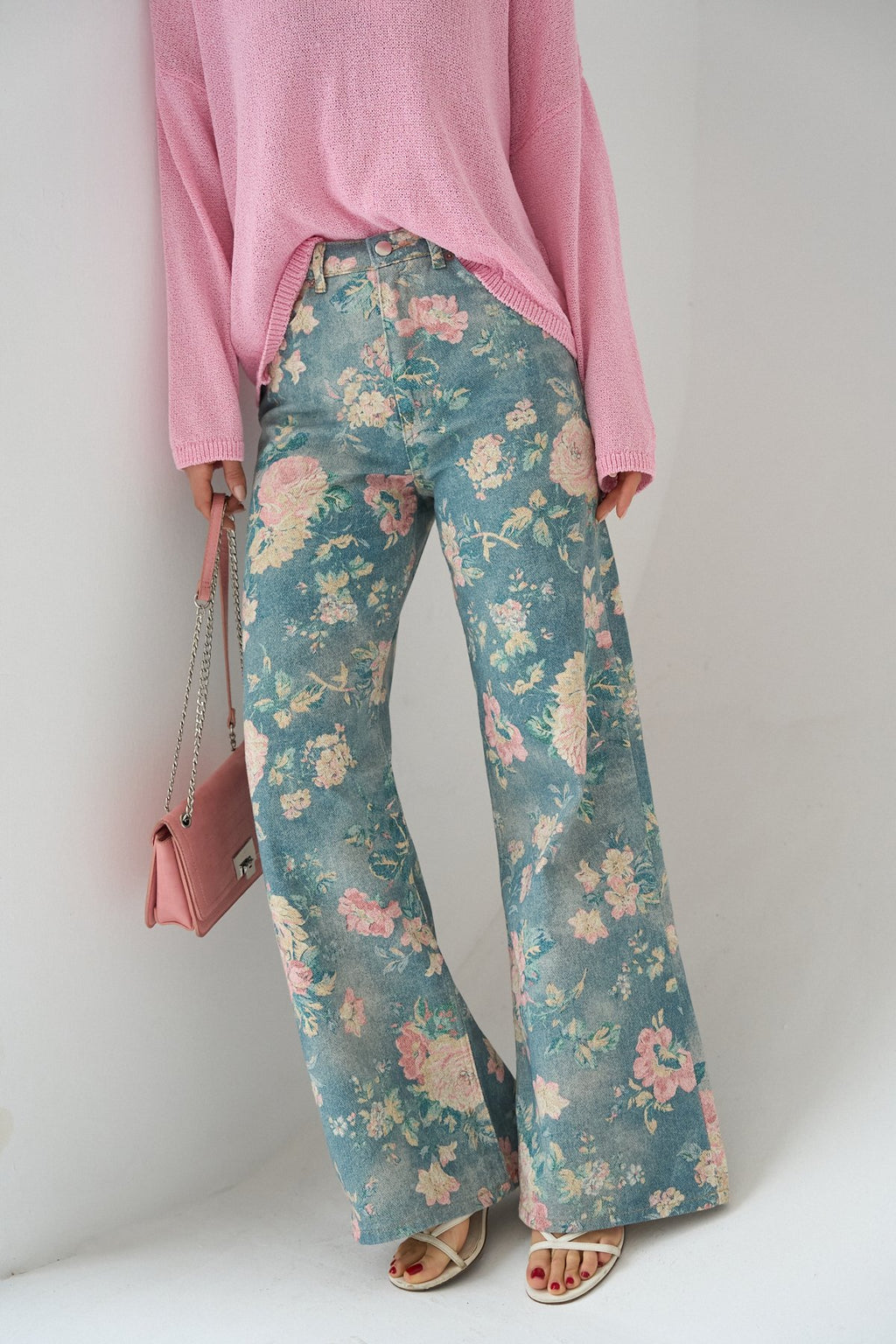 İthal Kumaş Etnik Desenli Yüksek Bel Wide Leg Jean Kot Pantolon